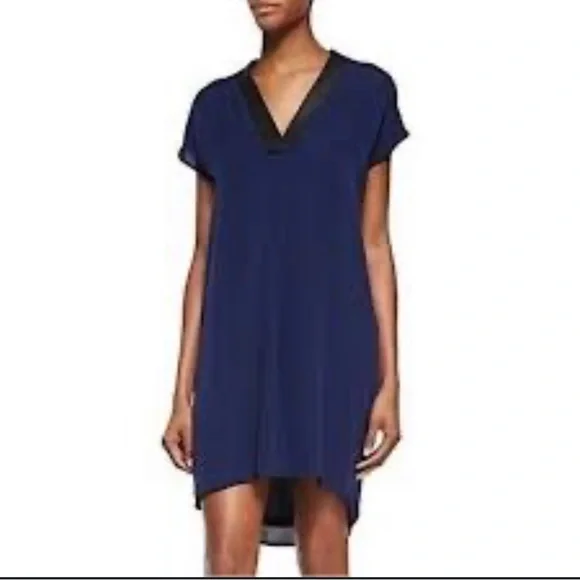Vince | Dresses | Vince Silk Lamb Leather Trimmed Navy Dress | Poshmark